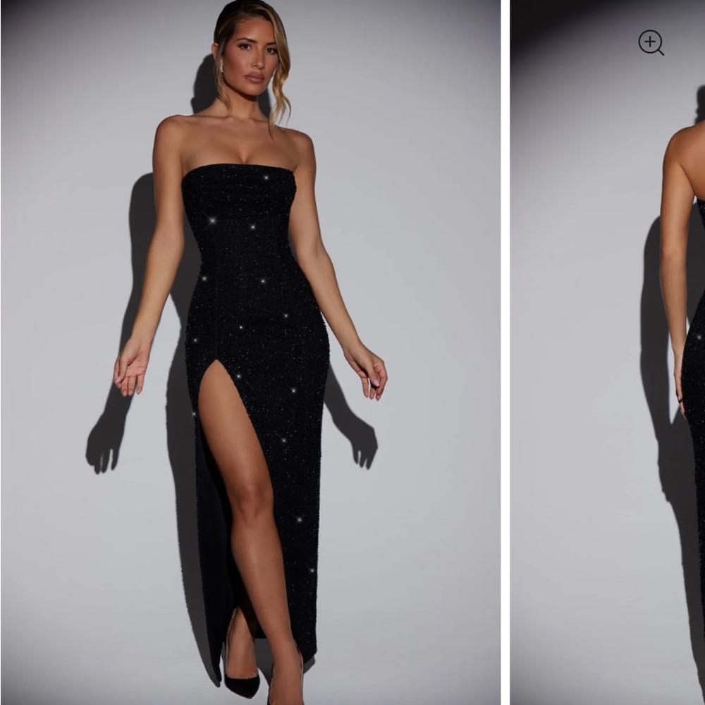 Oh Polly Black Strapless Gown with High Slit